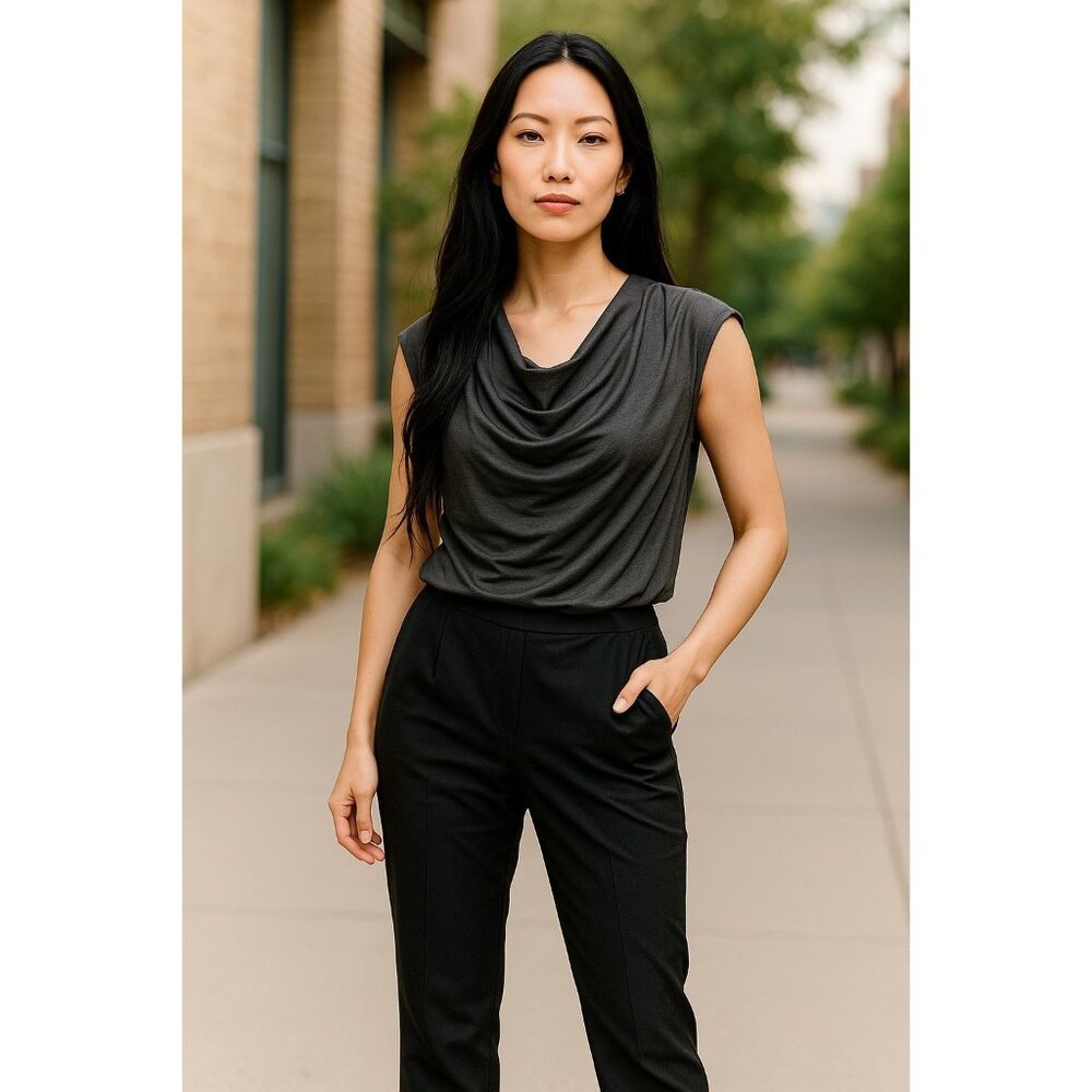 Express Womens L Top Black Sleeveless Cowl Neck Bodysuit Top Snap Closure Comfy